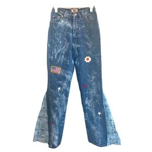 Route 66 | Vintage americana high rise festival patchwork bell bottom je…